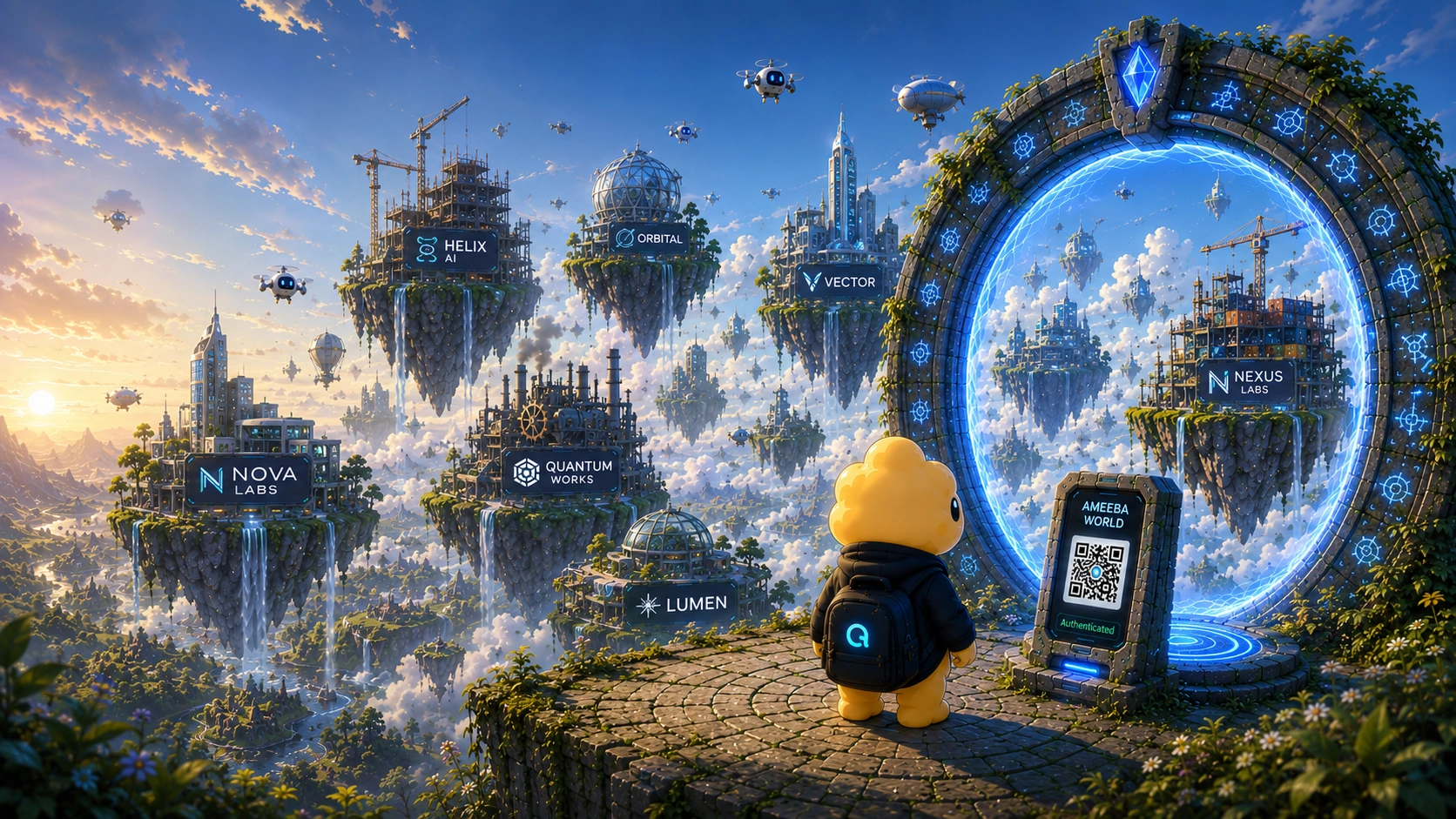 Ameeba World concept art with a portal, floating company islands, and an Ameeba character