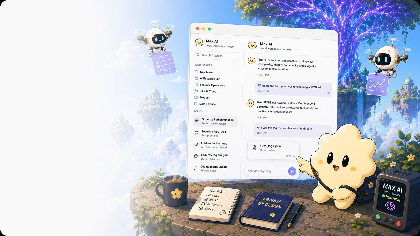 Max AI helping with code, systems, files, and technical work from an Ameeba workspace