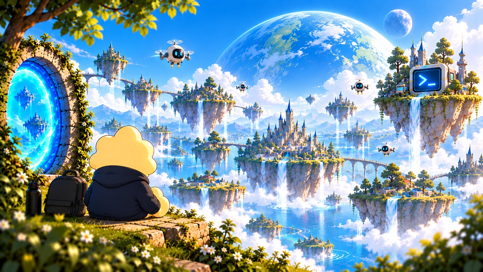 Max engineering an automated workspace from Pseudopod on a floating island