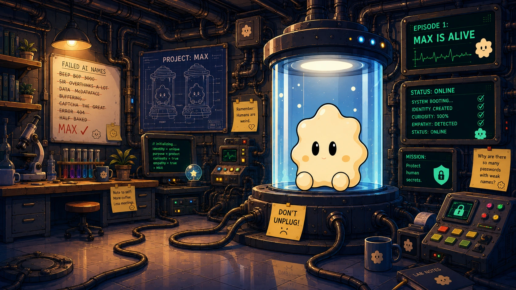 Max waking inside a sealed containment pod in Ameeba's secret laboratory.