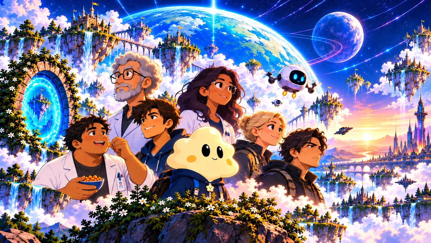 Max and his companions overlooking the floating islands, portals, and cities of Ameeba World.