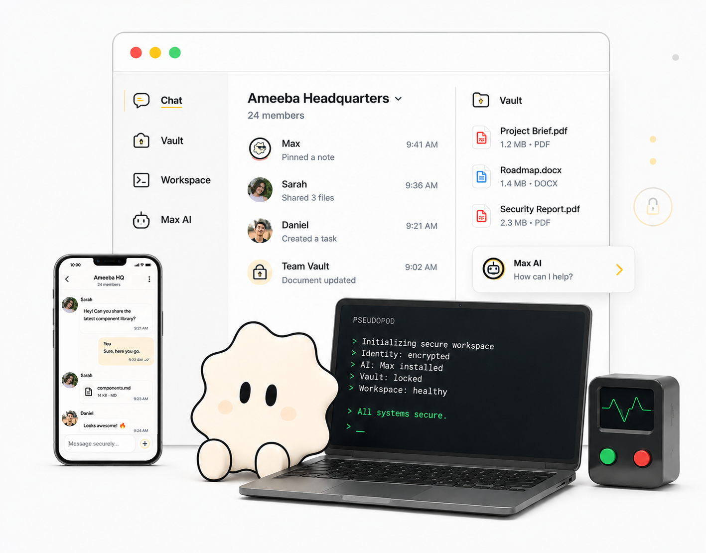 Ameeba encrypted workspace shown across Chat, Vault, Workspace, and Max AI, with Max represented by a bot icon.