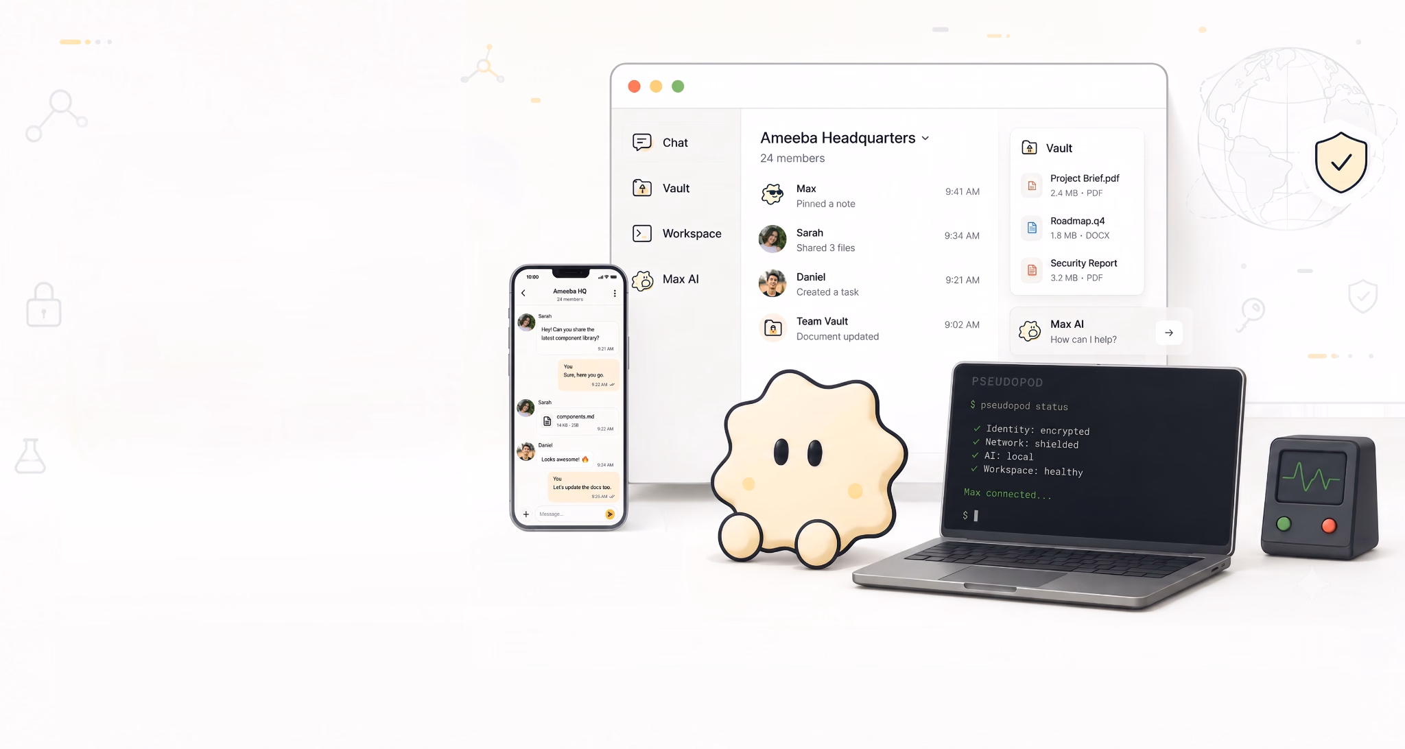 Ameeba encrypted workspace with Chat, Vault, Workspace, Max AI, a mobile chat preview, Pseudopod terminal, and privacy controls.