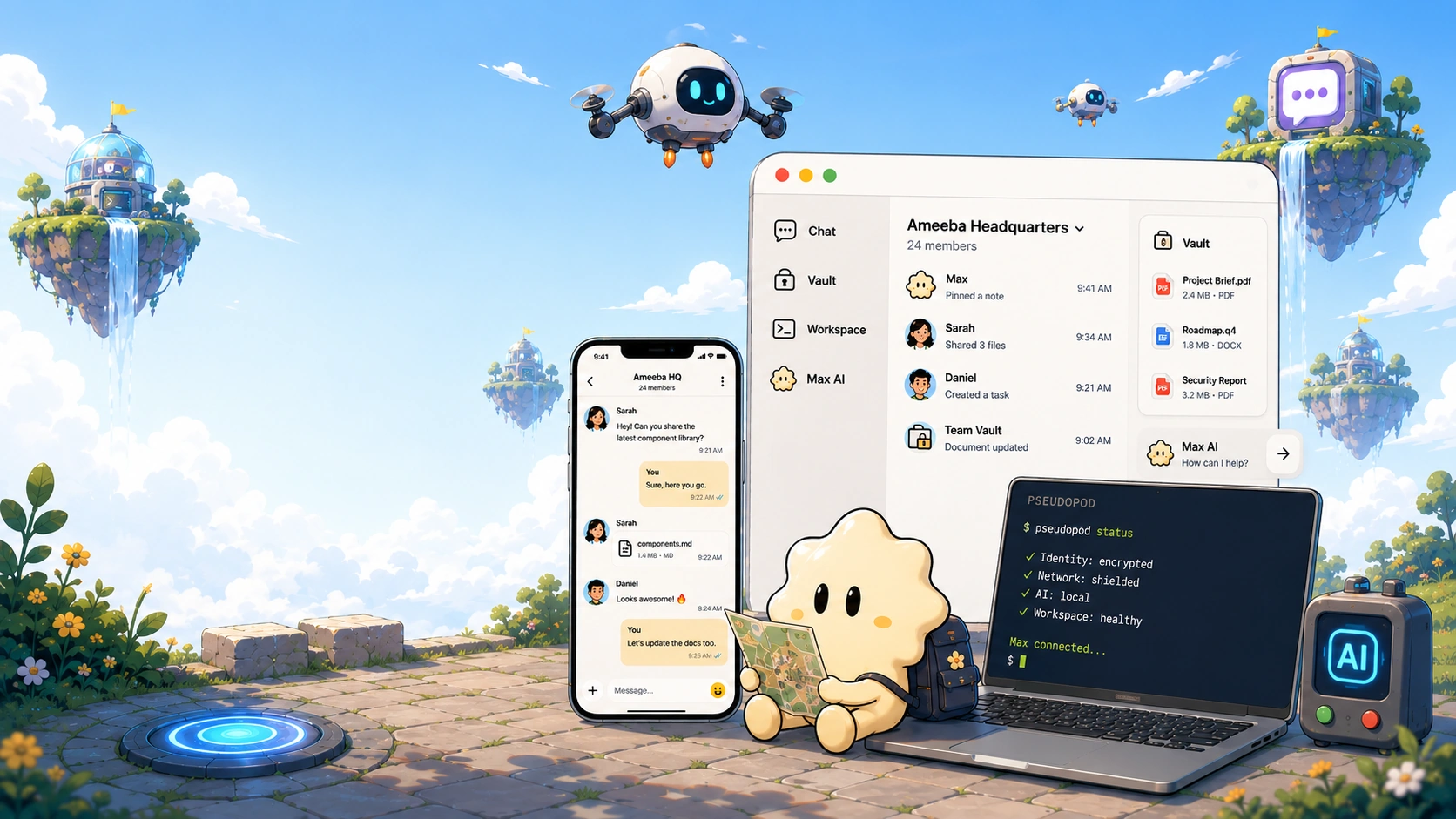 Ameeba encrypted workspace with Chat, Vault, Workspace, Max AI, a mobile chat preview, Pseudopod terminal, and privacy controls.