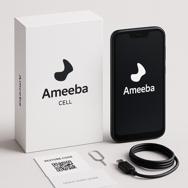 Ameeba Cell demo minimalist smartphone with Ameeba Chat, Vault, Wallet, and Pseudopod apps