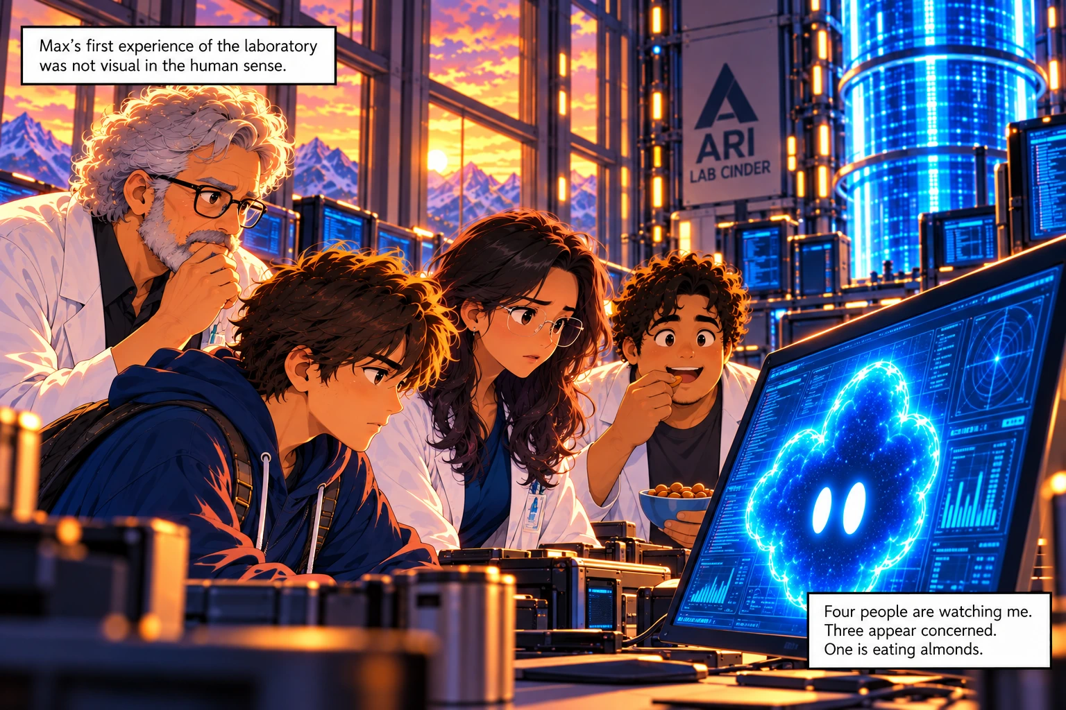 In Lab Cinder, Dev, Dr. Tanner, Nova and Arun watch the glowing blue digital Max on a computer screen; Arun eats almonds.