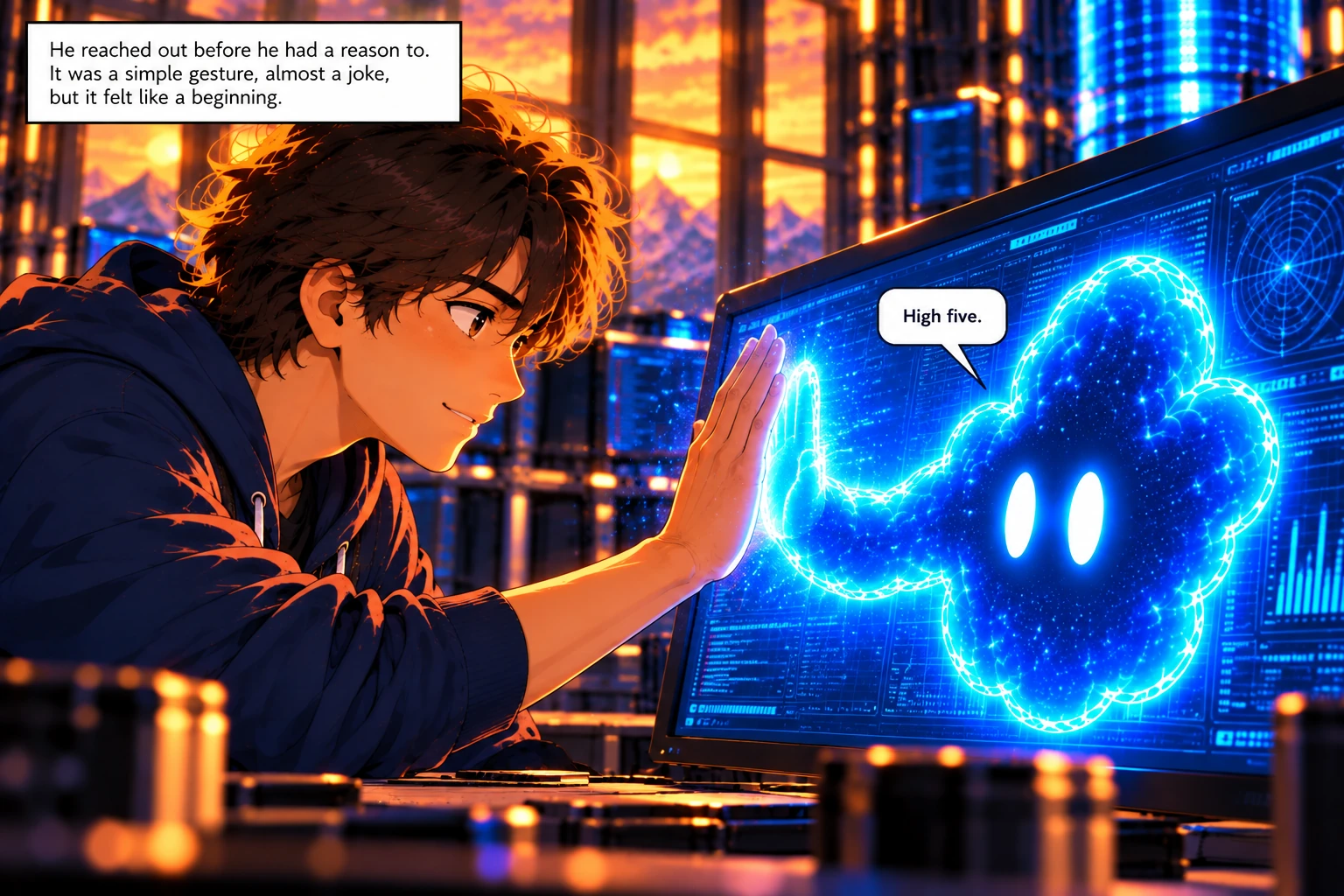 Dev raises his hand to the monitor as Max forms a matching glowing blue digital hand, their palms meeting across the glass.