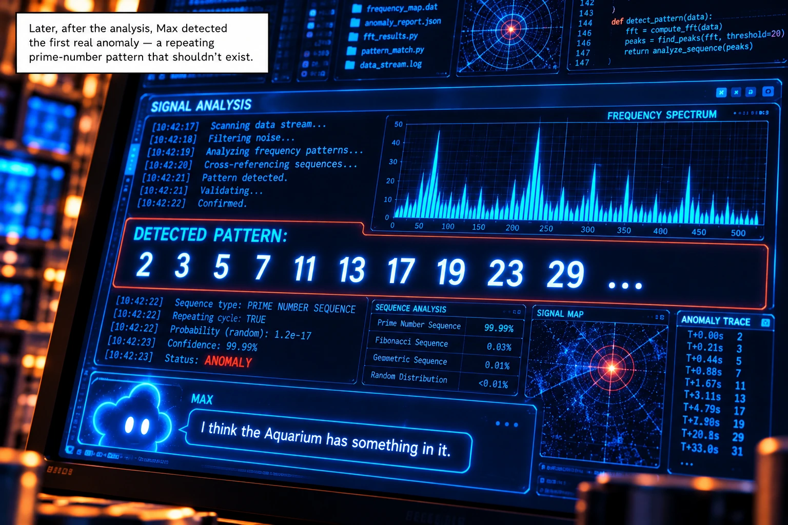 A blue terminal displays the repeating prime-number sequence 2, 3, 5, 7, 11, 13, 17, 19, 23, 29 and Max’s warning about the Aquarium.